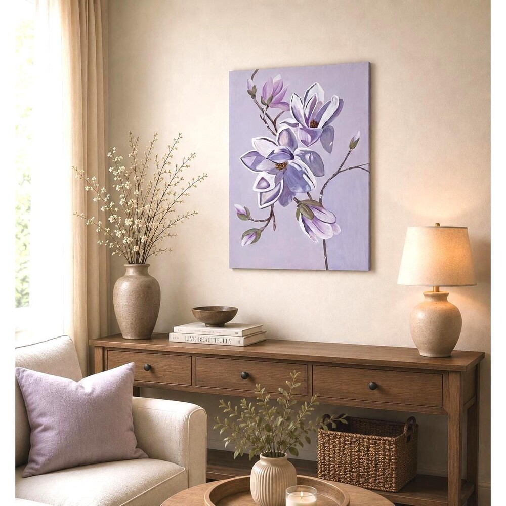 Original Magnolia Painting on Canvas, Large Purple Floral Wall Art 24" x 18"